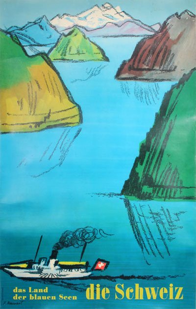 Schweiz Das Land Der Blauen Seen original poster designed by Monnerat, Pierre (1917-2006)