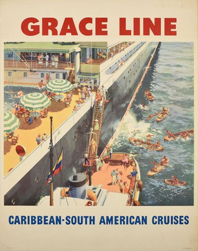 Grace Line Caribbean South America Cruises original poster designed by Evers