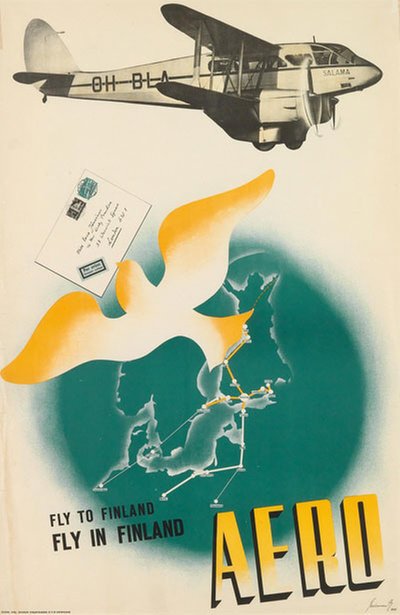 Fly to Finland - Aero original poster designed by Suhonen, Jorma (1911-1987)