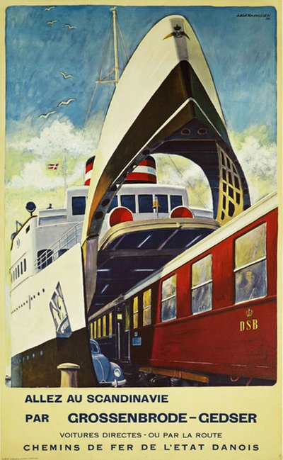 DSB Allez au Scandinavia par Grossenbrode Gedser  original poster designed by Rasmussen, Aage (1913-1975)