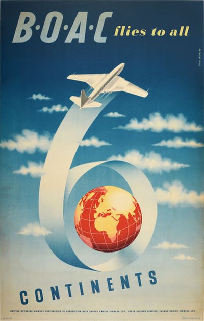 BOAC flies to all 6 continents original poster designed by Pick, Beverley (1916-1996)