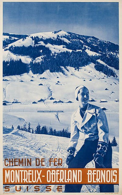 Montreux Oberland Bernois Bahn 1936 original poster designed by Photo: G. de Jongh