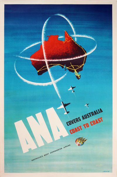 ANA Australian National Airways covers Australia coast to coast original poster designed by Skate, Ronald Clayton (1913-1991)