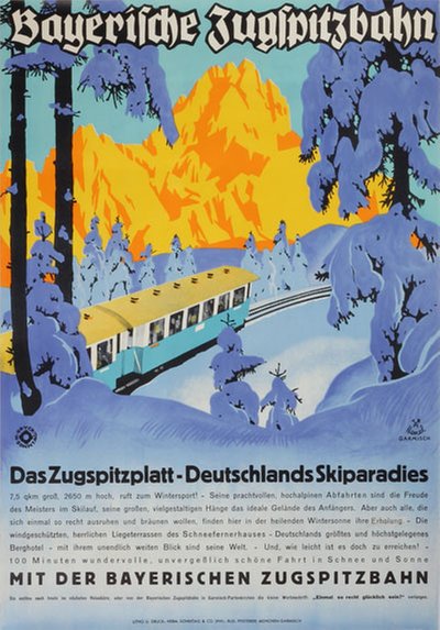 Bayerische Zugspitzbahn -  Deutchlands Skiparadies original poster designed by Henel, Edwin Hermann (1883-1953)