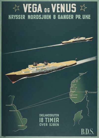 BDS - Bergenske Dampskibsselskab Vega og Venus original poster designed by BAB