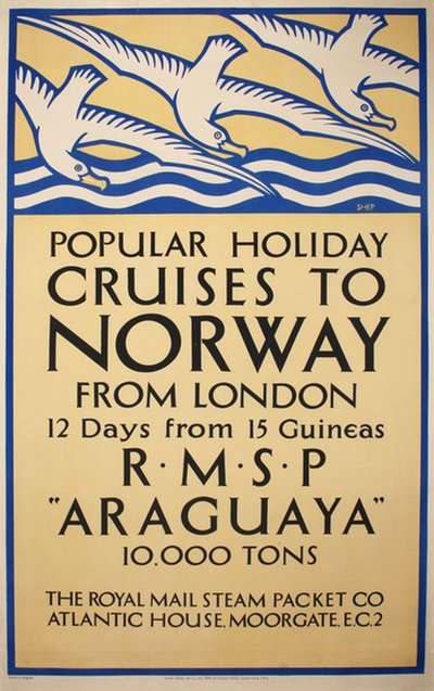 Popular Holiday Cruises to Norway RMSP Araguaya original poster designed by Shepherd, Charles (Shep) (1892-)