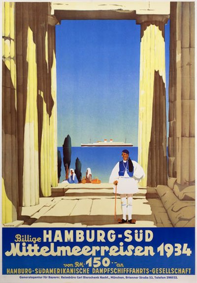 Billige Hamburg-Süd Mittelmeerreisen - Greece original poster designed by Anton, Ottomar (1895-1976)