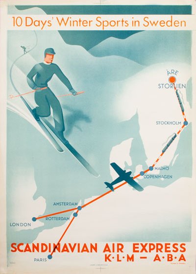 Scandinavian Air Express KLM ABA to Åre - Storlien original poster designed by Beckman, Anders (1907-1967)
