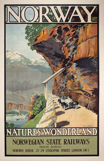 Norway Natures Wonderland original poster designed by A. J. Green