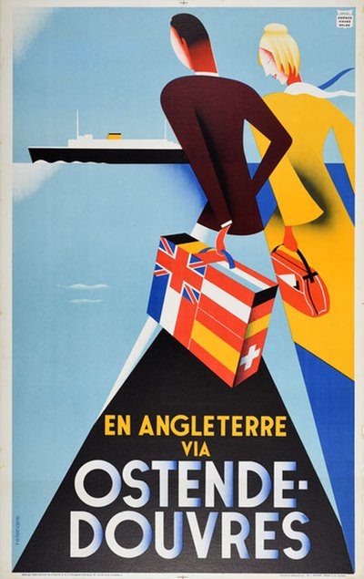 En Angleterre via Ostende - Douvres original poster designed by T E Lemaire