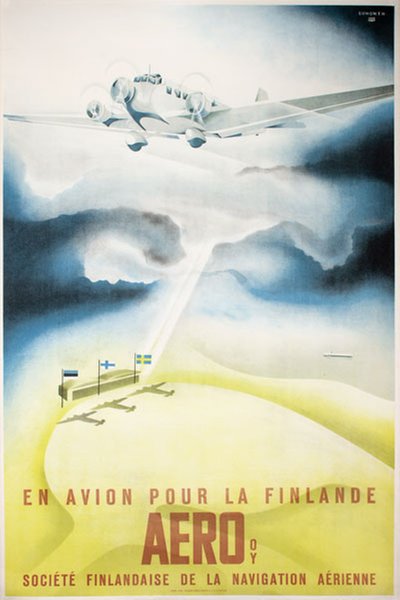 En avion pour la Finlande - Aero original poster designed by Suhonen, Jorma (1911-1987)