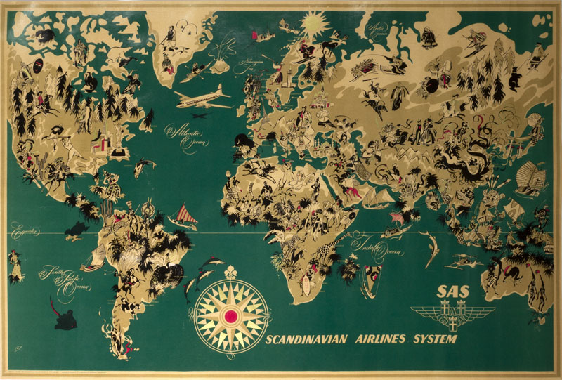 SAS Scandinavian Airlines System World Map original poster designed by Nielsen, Otto (1916-2000)