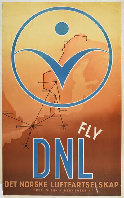 DNL - Fly DNL - Det Norske Luftfartselskap original poster designed by Berggren, Johannes (Johs.) (1903-1965)