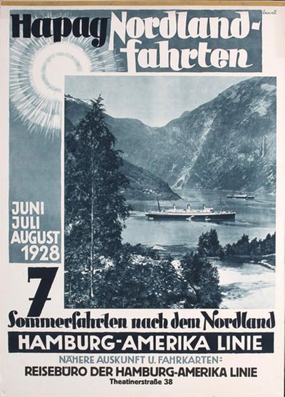 Hamburg-American Line 1928 Nordlandfahrten original poster designed by Krause, John Albert (1892-)