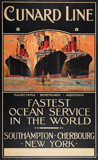 Cunard Line, Mauretania, Berengaria, Aquitania original poster designed by Rosenvinge, Odin (1880-1959)