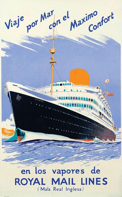 Viaje por Mar con el Máximo confort en los vapores de Royal Mail Lines original poster designed by Jarvis, William H. (1903-1954)