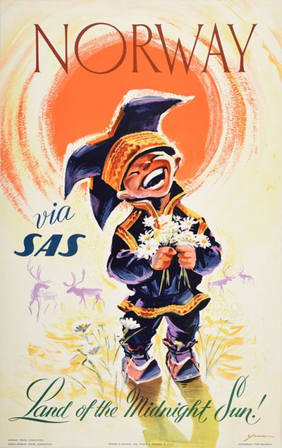 Norway via SAS - Land of the Midnight Sun original poster designed by Yran, Knut (1920-1998)
