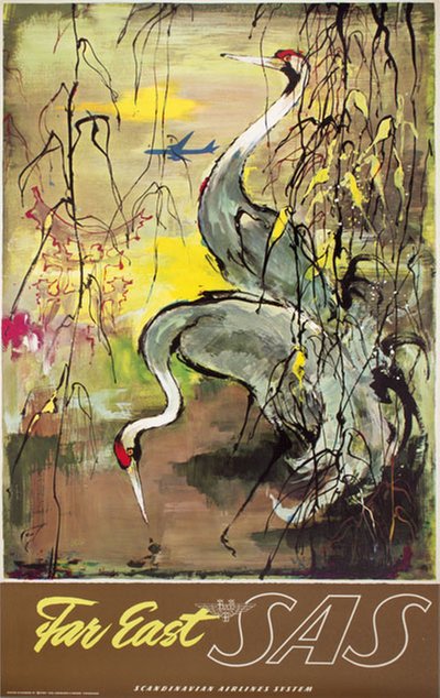 Far East SAS -  Red-crowned Cranes original poster designed by Nielsen, Otto (1916-2000)