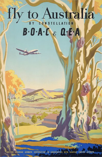 Fly to Australia by Constellation BOAC QEA original poster designed by Herbert, Stanley (1905-1967)