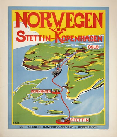 Norwegen via Stettin - Kopenhagen original poster designed by B ScH