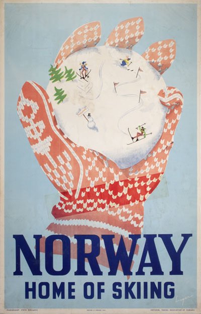 Norway home of skiing original poster designed by Sørensen, Inger Skjensvold (1922-2006)