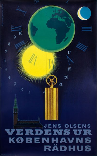 Jens Olsens Verdensur Københavns Rådhus original poster designed by Rasmussen, Aage (1913-1975)