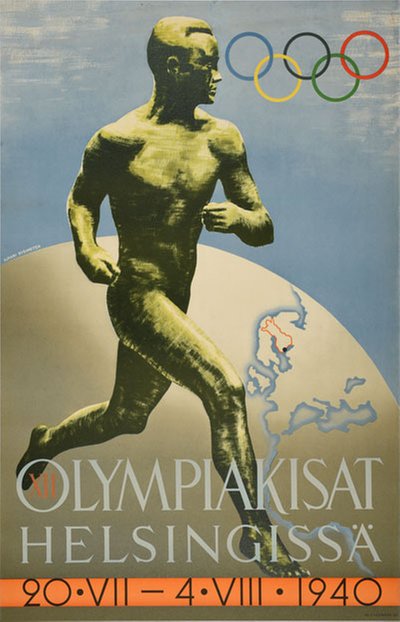 1940 XII Olympic Games Helsinki Olympiakisat Helsingissä original poster designed by Sysimetsä, Ilmari (1912-1955)