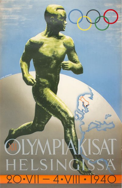 1940 XII Olympic Games Helsinki Olympiakisat Helsingissä original poster designed by Sysimetsä, Ilmari (1912-1955)