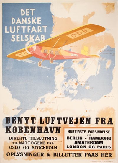 Det Danske Luftfartselskab - Benyt luftvejen fra København original poster designed by Bøgelund, Thor (1890-1959)