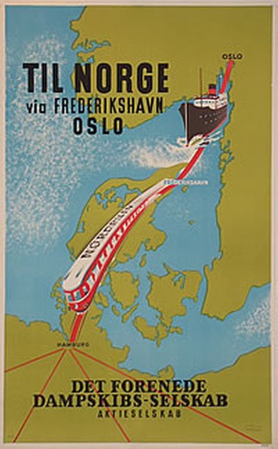 DFDS - Til Norge via Fredrikshavn - Oslo original poster designed by M. A.