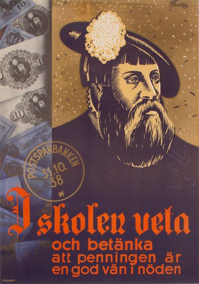 Postsparbanken Gustav Vasa 1938 original poster designed by Thoresson, Hjalmar (1893-1943)