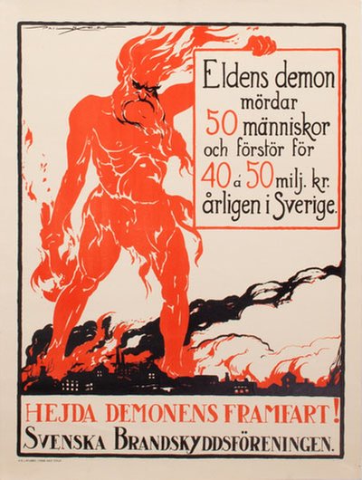 Svenska Brandskyddsföreningen - Hejda demonens framfart original poster designed by Myrén, Paul (1884-1951)