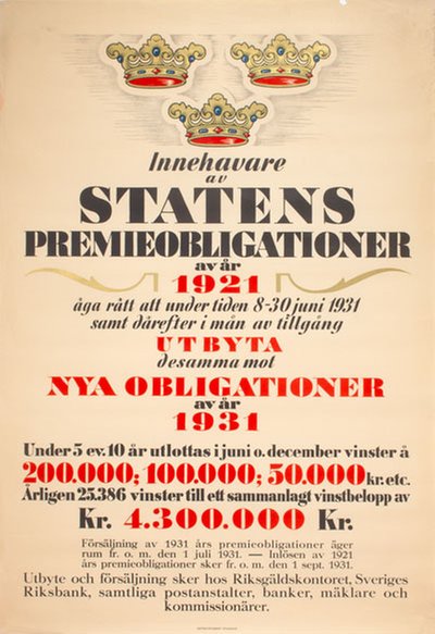 Statens Premieobligationer 1931 utbyta 1921  original poster 