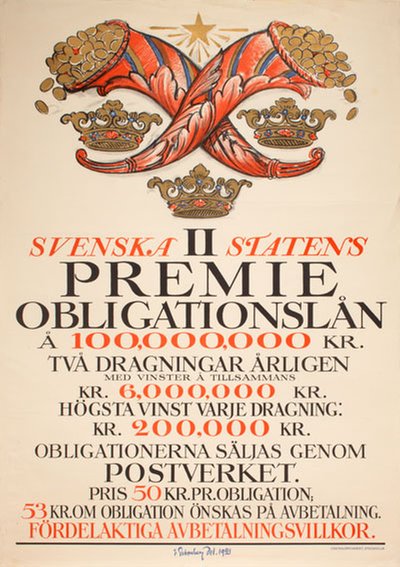 Svenska Statens II Premieobligationslån 1921 original poster designed by Schonberg, Torsten (1882-1970)
