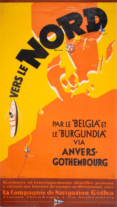 Vers le Nord  par le Belgia et le Burgundia via Anvers - Gothembourg original poster designed by Olsén, Hans Erik (1911-1983)