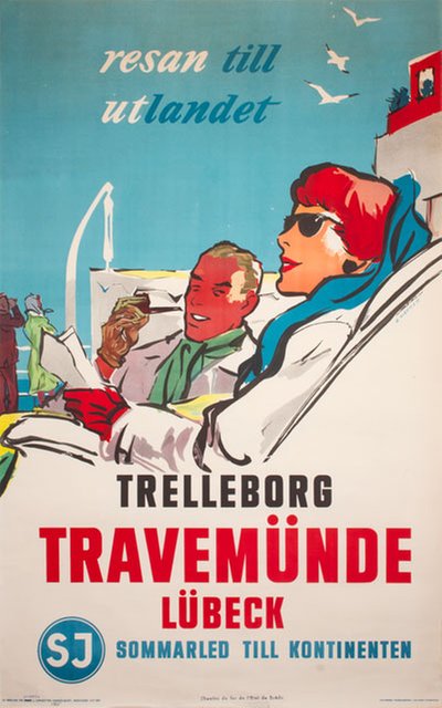 SJ Resan till utlandet Trelleborg Travemünde Lübeck original poster designed by Heffer, Erik (1909-1995)
