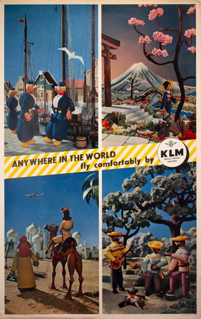 Anywhere in the world fly by KLM Japan Mexico India original poster designed by Geesink, Joop (1913–1984)