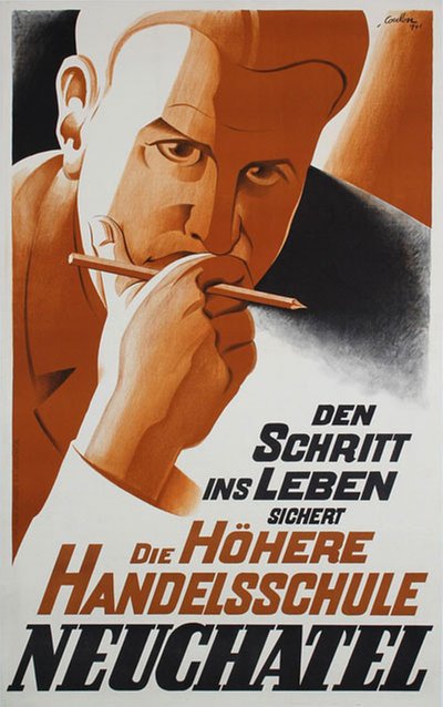 Handelsschule Neuchatel Switzerland original poster designed by De Coulon, Eric (1888-1956)