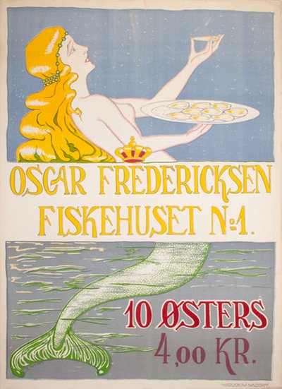 Oscar Fredericksen Fiskehuset No 1 Østers Oysters  original poster designed by SMM