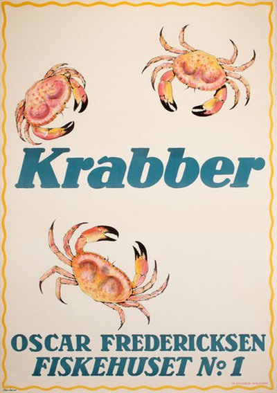 Oscar Fredericksen Fiskehuset No 1 Krabber Crab original poster designed by Lund, Aage (1892-1972)