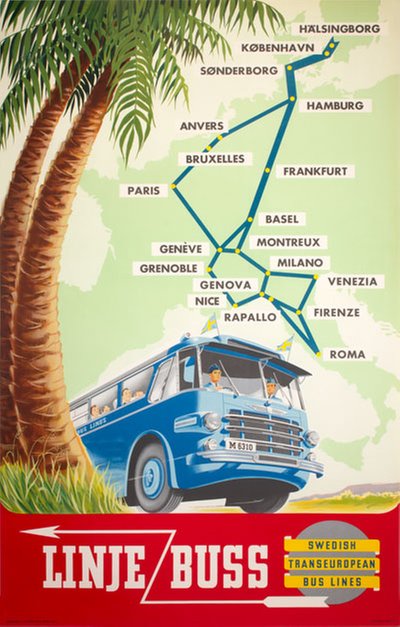 Linje Buss - Swedish Transeuropean Bus Lines 1951 original poster designed by Herssons Annonsbyrå