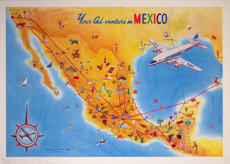 Mexicana de Aviacion Pan Am Mexico Map original poster designed by Martínez, Raúl 