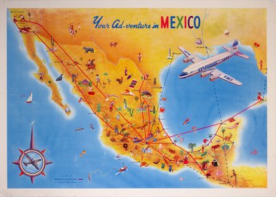 Mexicana de Aviacion Pan Am Mexico Map original poster designed by Martínez, Raúl 