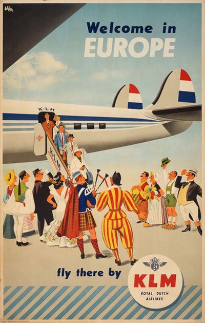 Welcome in Europe – Fly there by KLM original poster designed by Wijga, Jan (1902-1978)