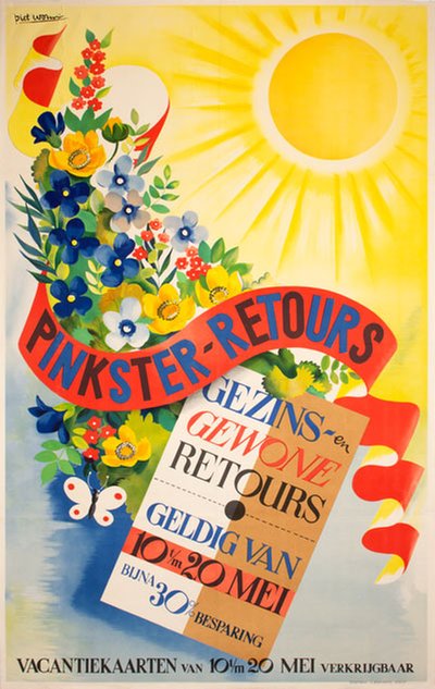 Nederlandse Spoorwegen Pinkster-Retours original poster designed by Worm, Piet (1909-1996)