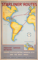 British South American Airways Starliner Routes BSAA original vintage poster
