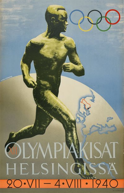 1940 XII Olympic Games Helsinki Olympiakisat Helsingissä original poster designed by Sysimetsä, Ilmari (1912-1955)
