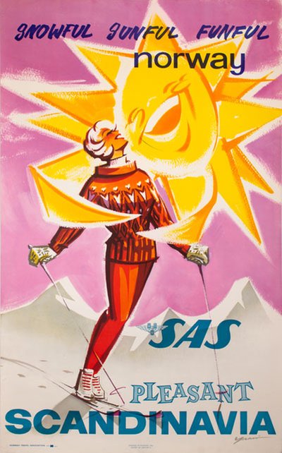 Snowful Sunful Funful Norway Scandinavia original poster designed by Yran, Knut (1920-1998)