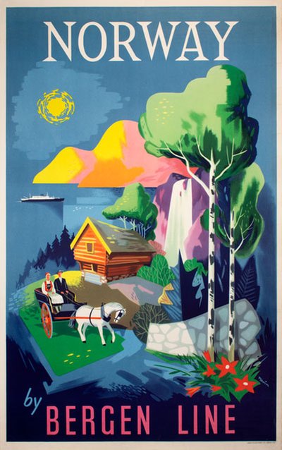 Norway by Bergen Line original poster designed by Nevin, Pat (1912-1995)