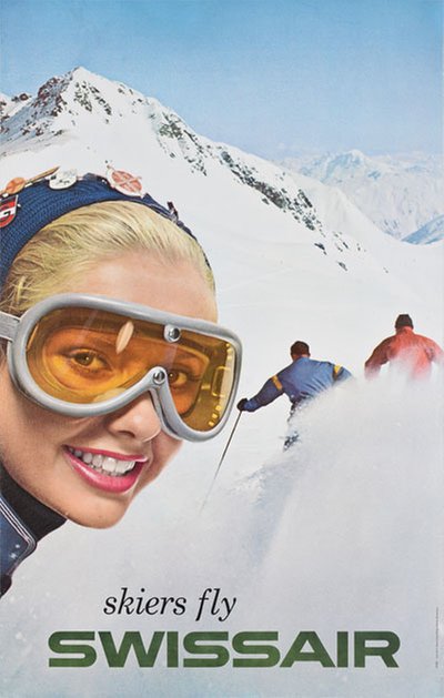 Skiers fly Swissair original poster designed by Bittel, René (1928-1996)